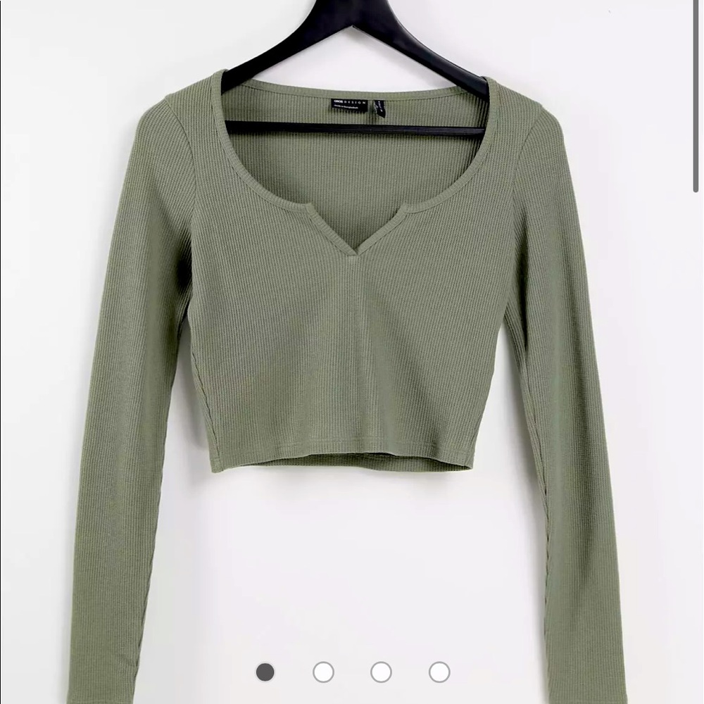 ASOS DESIGN top with notch neck in waffle with long sleeve in khaki